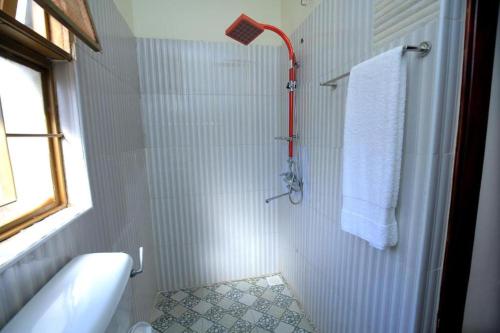 恩德培DISCOVERY COURTS HOTEL的带淋浴、卫生间和盥洗盆的浴室