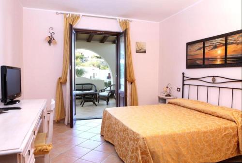 利帕里博尔戈伊欧利酒店的一间卧室配有一张床、一台电视和一个庭院。