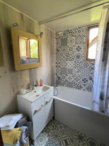 巴斯洛内特Chalet confort • Barcelonnette的带浴缸和盥洗盆的浴室