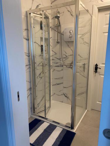 Droichead an ChaisleáinLaurel Lodge的带淋浴的浴室,带玻璃门