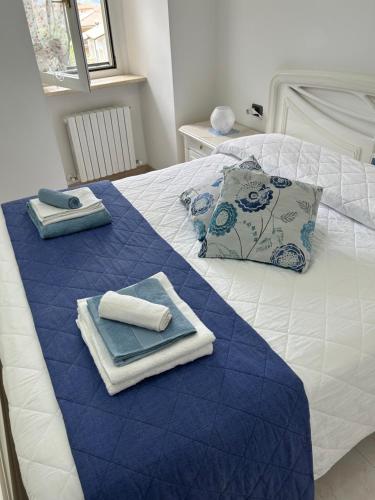 PacentroLa Minicasa的一张蓝色和白色的床,上面有毛巾