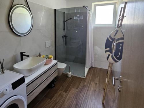 萨武德里亚Holiday Apartment Deluxe的带淋浴、盥洗盆和镜子的浴室