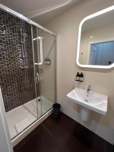布拉格CE Apartment Prague Castle的带淋浴、盥洗盆和镜子的浴室