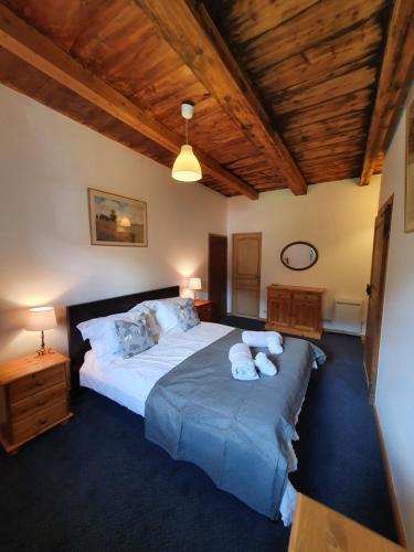 圣让多尔普Chalet Liberte的一间卧室设有一张大床和木制天花板