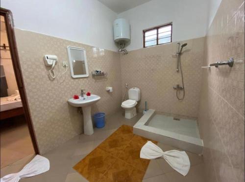 南威Wakanda Nungwi的带淋浴、卫生间和盥洗盆的浴室