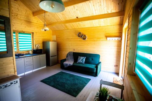 米泽德沃兹Domek Między Wodą的客厅设有绿色沙发,厨房设有绿色沙发
