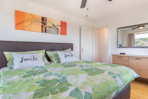 克罗伊茨林根Lake View See & Bergsicht free parking的一间卧室配有一张带两个枕头的床