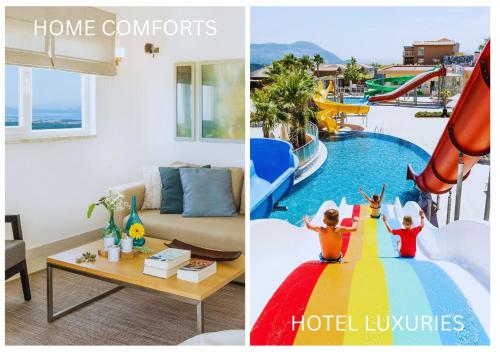 库萨达斯Wyndham Residences, Kusadasi Golf & Spa的带滑梯的房间和带游泳池的客厅