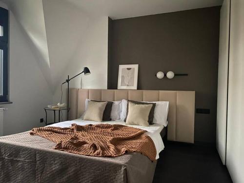 比得哥什Bielawy Suite的一间卧室配有一张床铺,床上铺有棕色毯子