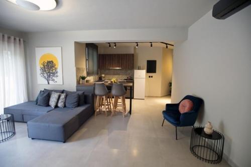 纳夫普利翁Animus Premium apt的一间带蓝色沙发的客厅和一间厨房