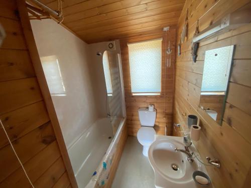 West DownSurf Lodge的浴室配有卫生间、盥洗盆和浴缸。