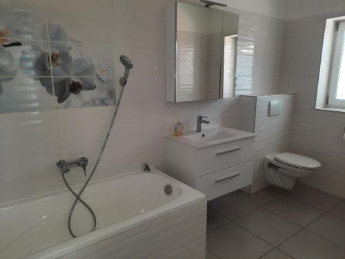 希欧福克Villa Alex的带淋浴、卫生间和盥洗盆的浴室