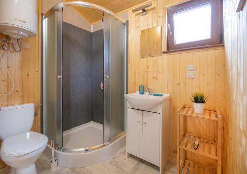 KopańDomki pod wzgórzem的带淋浴、卫生间和盥洗盆的浴室