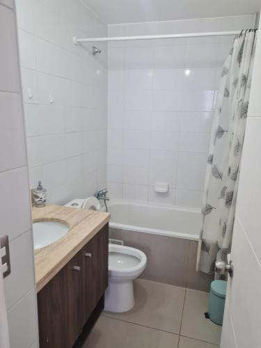 卡拉马Agradable departamento central的浴室配有盥洗盆、卫生间和浴缸。