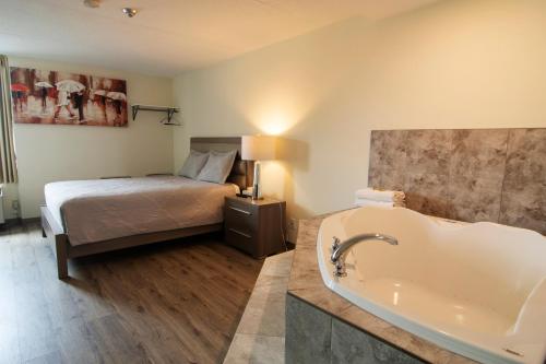 尼亚加拉瀑布外交汽车旅馆的一间带床和浴缸的浴室以及一张床