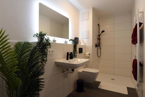 马尔克格勒宁根InHomeVision Neubau, Design, Balkon, Barrierefrei, WLAN的一间带水槽、卫生间和镜子的浴室