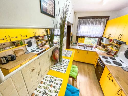 斯科普里斯科普里旅舍的厨房配有黄色橱柜和黄色柜台