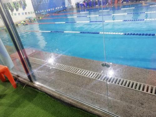 杜姆亚特阿尔加迪达赫1bd women的游泳池,透过带游泳池的玻璃窗