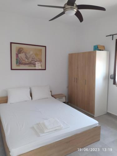 普萨克迪亚Pefkonas Apartments 100 m from the beach的卧室配有白色的床和吊扇