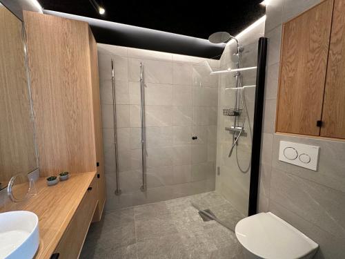 阿里尔德Villa Björk的带淋浴、卫生间和盥洗盆的浴室