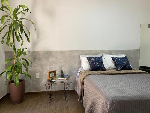 伊瓜苏Grey House的一间卧室配有一张床和盆栽植物