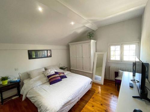 巴约讷Belle maison familiale Basque的卧室配有白色的床和电视。