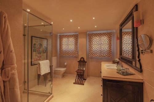 开罗Le Riad Hotel de Charme的带淋浴、盥洗盆和卫生间的浴室