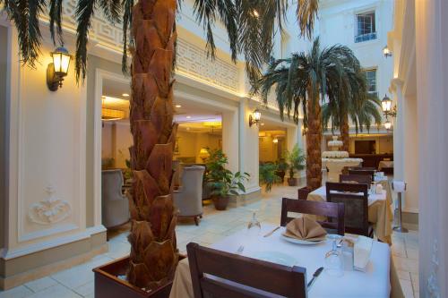 伊斯坦布尔商业中心酒店的一间设有桌椅和棕榈树的餐厅