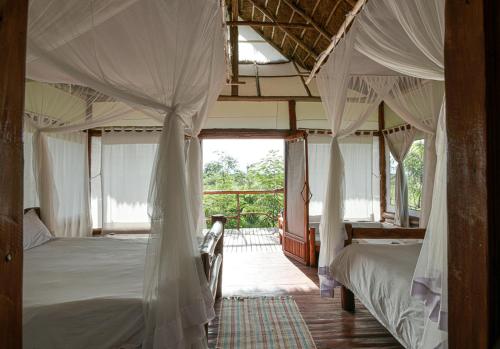 卡塞斯Kazinga Wilderness Safari Camp的一间卧室设有两张床和大窗户