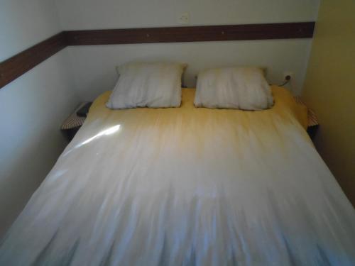 塔勒蒙MOBIL HOME dans Parc résidentiel Loisirs的一张床上有两个枕头的房间