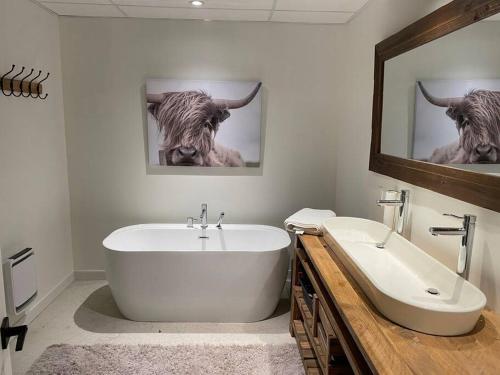 蒙洛里耶Chalet avec Spa Baskatong的带浴缸的浴室和墙上的牛画