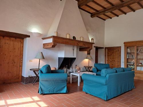 蒙特里久尼Fattoria Lornano Winery的客厅配有2把蓝色椅子和壁炉