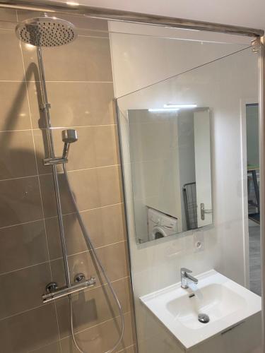 圣保罗莱达Nid Douillet的浴室配有盥洗盆和带镜子的淋浴