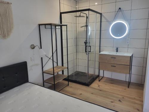 Carla-de-RoquefortLa Grange - 10 couchages的带淋浴、盥洗盆和镜子的浴室