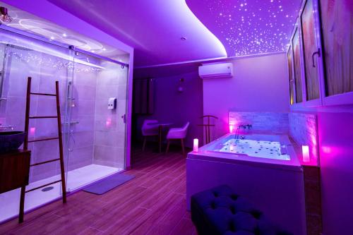拉西约塔Studio romantique jacuzzi ou spa balneo privatif et jardin Au temps des cerises La Ciotat的紫色浴室设有浴缸和淋浴