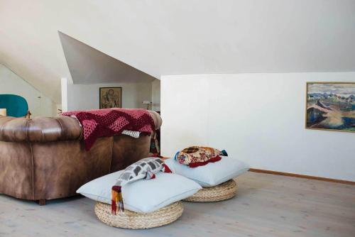 沃加尔灯塔畔农家乐的客厅配有沙发和2个枕头