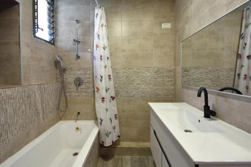 提比里亚Levication 2 bedrooms Pool&jacuzzi的带浴缸、水槽和淋浴的浴室