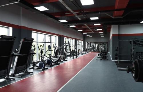 连科兰Paradise的健身房,配有许多跑步机和机器
