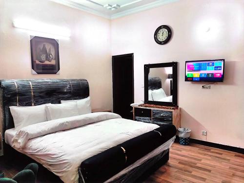 伊斯兰堡Frank in guest house的一间卧室配有一张床、镜子和电视
