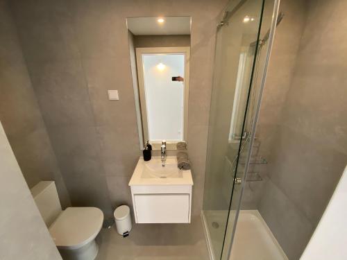 奥埃拉斯Carcavelos Beach Walking distance room的浴室配有卫生间、盥洗盆和淋浴。