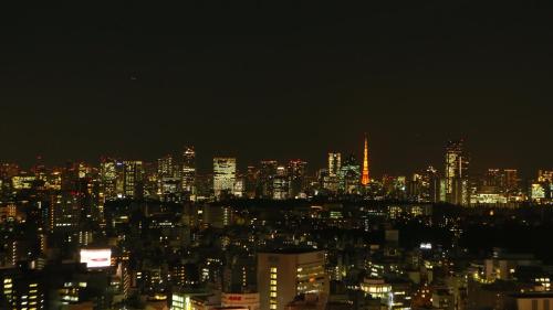 东京格拉斯丽新宿酒店的城市天际线,夜晚有灯光的建筑