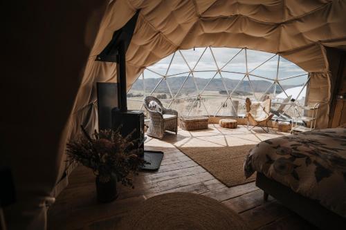 Kurow山谷景观露营旅馆的一间带沙发床的卧室,享有沙漠美景