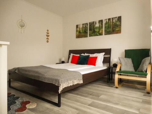莱斯诺夫Casa JOY的一间卧室配有一张床和一把绿色椅子