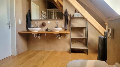 施皮茨Niesen Loft的一间客房内带两个盥洗盆的浴室