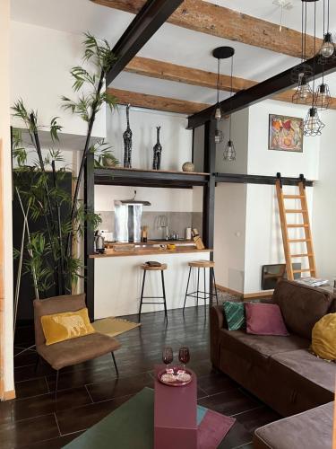 马赛Appartement atypique cosy entre terre & mer的带沙发的客厅和厨房