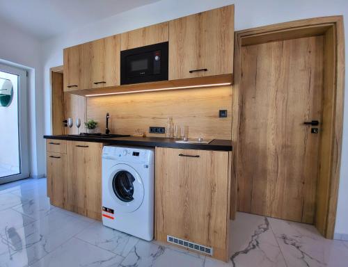 希欧福克Villa Bauhaus Wellness Apart-Hotel的木墙房间内的洗衣机和烘干机