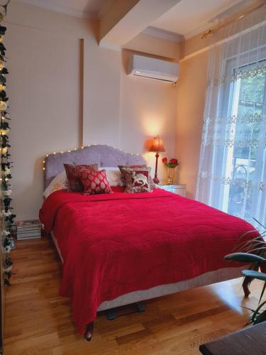 查查克TeriTara的一间卧室配有一张带红色毯子的大床