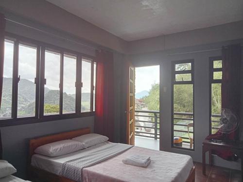 巴纳韦Banaue Pink Eco hostel的一间卧室配有一张床,阳台配有窗户