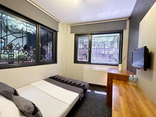 伊斯坦布尔Black Art Otel的客房设有两张床、一台电视和两个窗户。