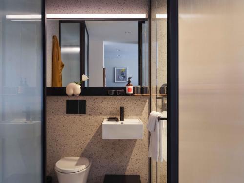 布鲁克林Penny Williamsburg的一间带水槽、卫生间和镜子的浴室
